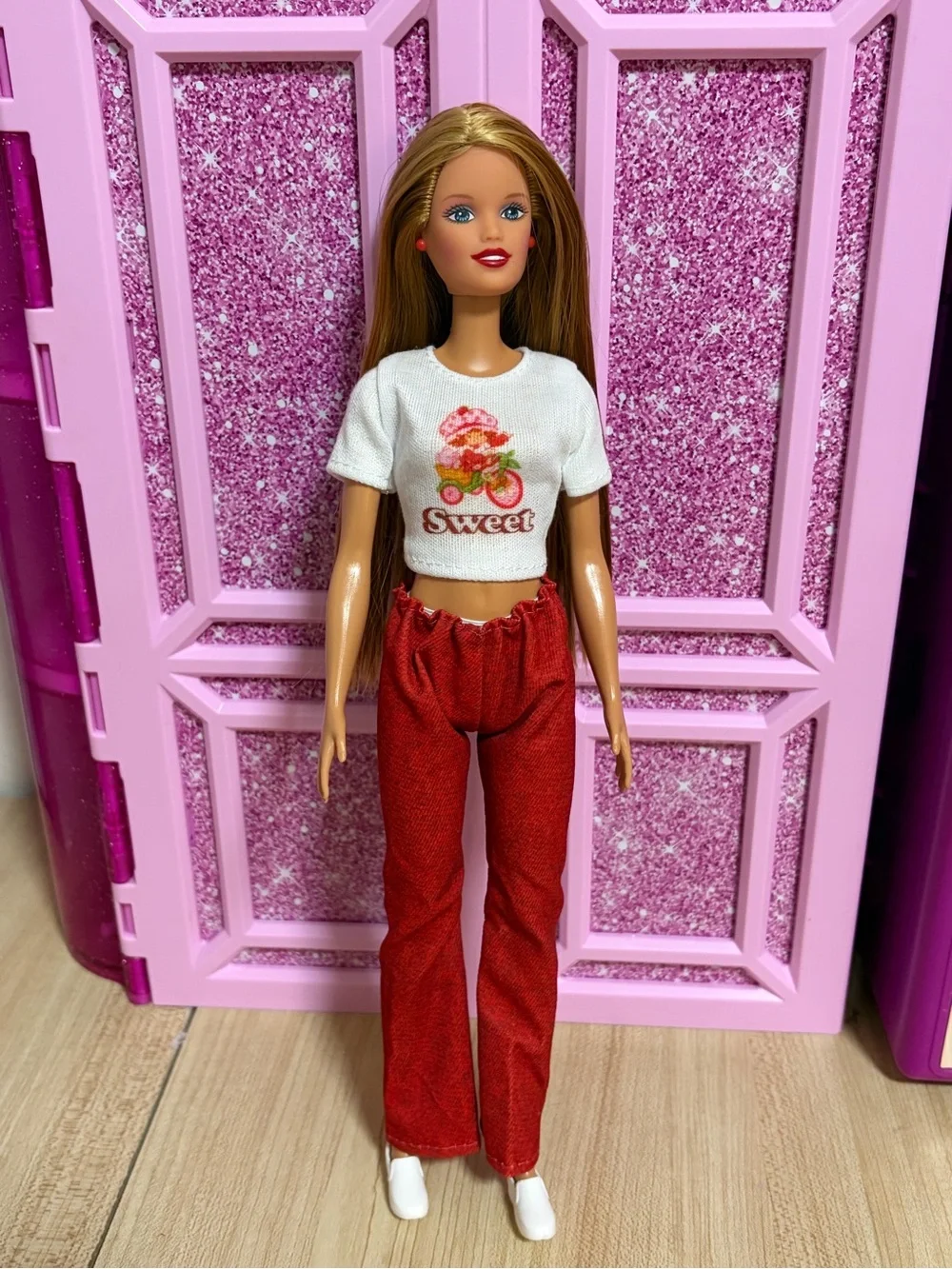 Barbie White Crop Top with Pink & Orange Graphic and Red Pants